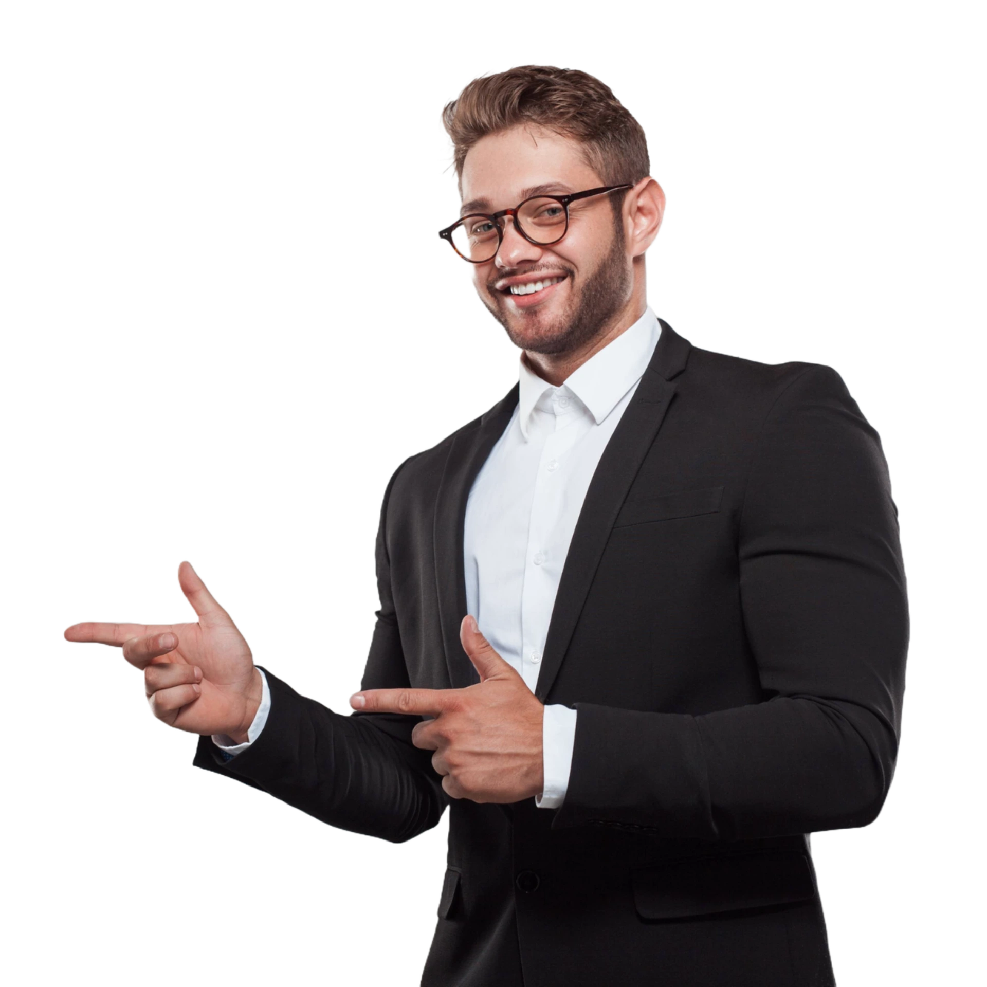 man in pak wijst naar links.